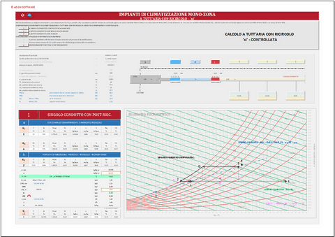 Progetto impianti di climatizzazione. Programma in excel per il dimensionamento di impianti mono-zona a tutt'aria con ricircolo. A singolo condotto con post-riscaldamento; a doppio condotto con box miscelazione; a doppio condotto con plenum