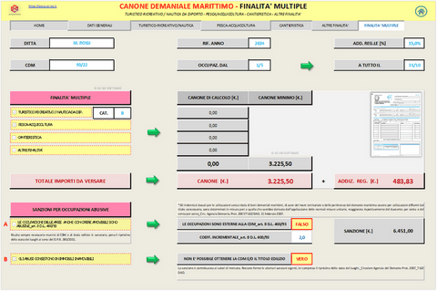Calcolo CANONE DEMANIALE MARITTIMO. Programma in excel per la determinazione del canone demaniale marittimo per  attività Turistico/Ricreativa - Nautica da Diporto - Pesca e Acquicoltura - Cantieristica - Altre Finalita’ - Finalita’ Multiple.