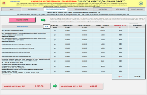 Calcolo CANONE DEMANIALE MARITTIMO. Programma in excel per la determinazione del canone demaniale marittimo per  attività Turistico/Ricreativa - Nautica da Diporto - Pesca e Acquicoltura - Cantieristica - Altre Finalita’ - Finalita’ Multiple.