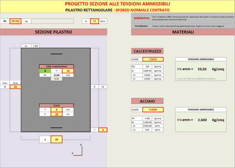 progetto di pilastro in cemento armato alle tensioni ammissibili, rettangolare, circolare, con staffatura elicoidale